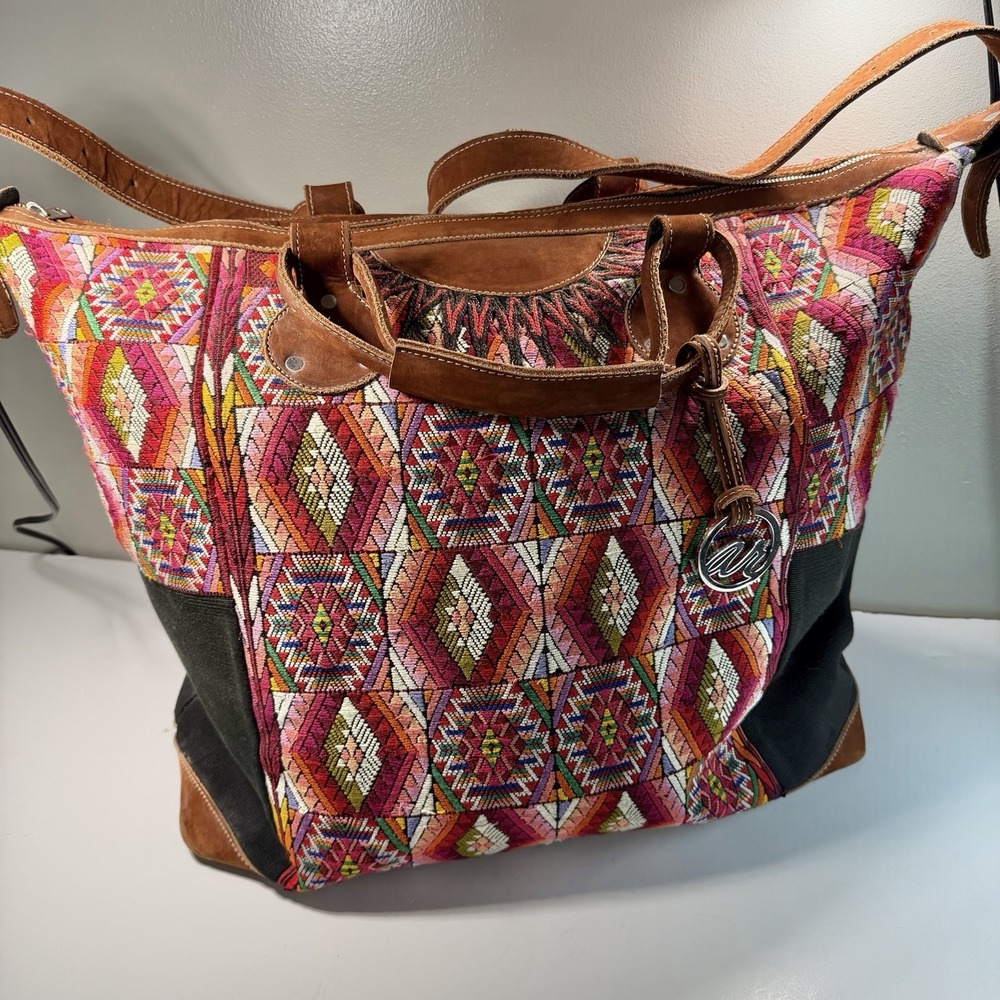 Arloom Boho Embroidered Large Weekender Bag Colorful Cotton Leather  25 X 19